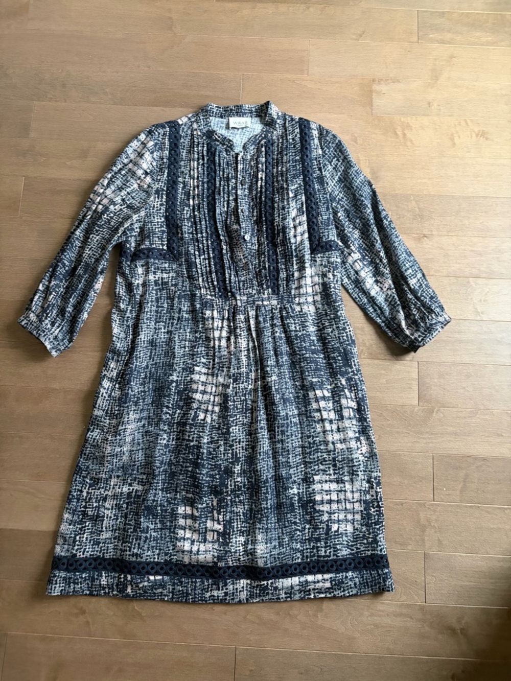 Wrap London Navy and Cream Pintuck Linen Midi Dress